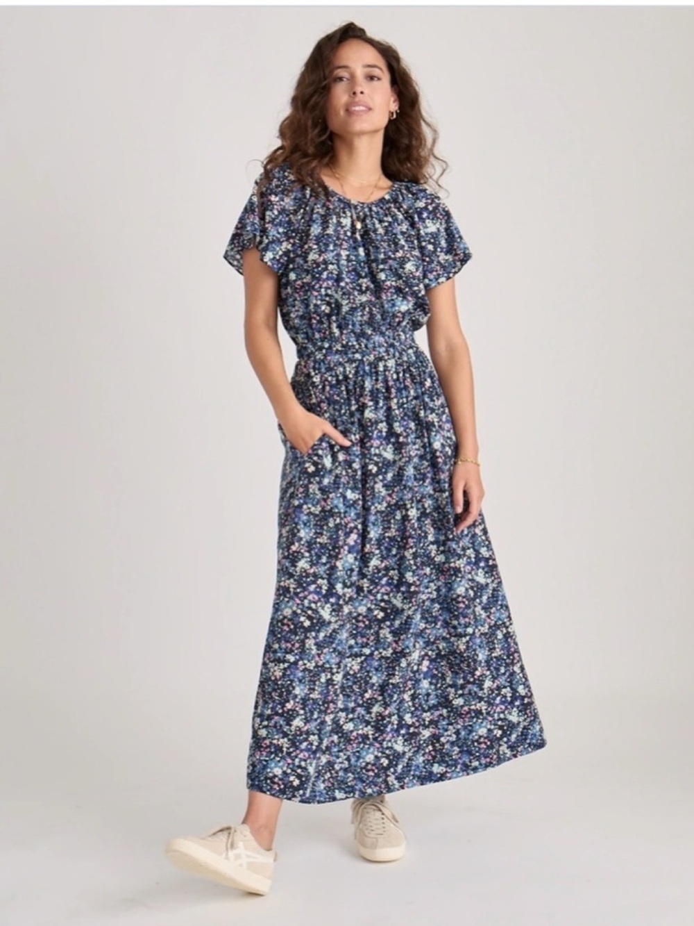 Marine Layer Charlotte Midi Dress Flutter Sleeve Medium Peek-a-boo back Floral